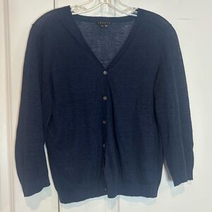 Theory Whilma Sag Harbor Navy Blue Linen Blend V-neck Button Cardigan Sweater L